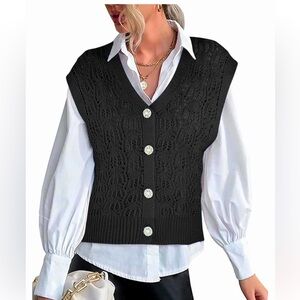 Women Crochet Sweater Vest Button Down V Neck